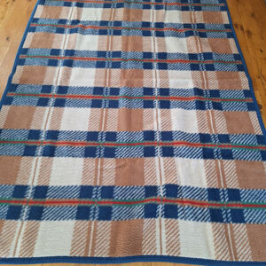 Biederlack Vintage Lodge Plaid Throw Blanket 78”x 56” Made USA Blue Brown Tan